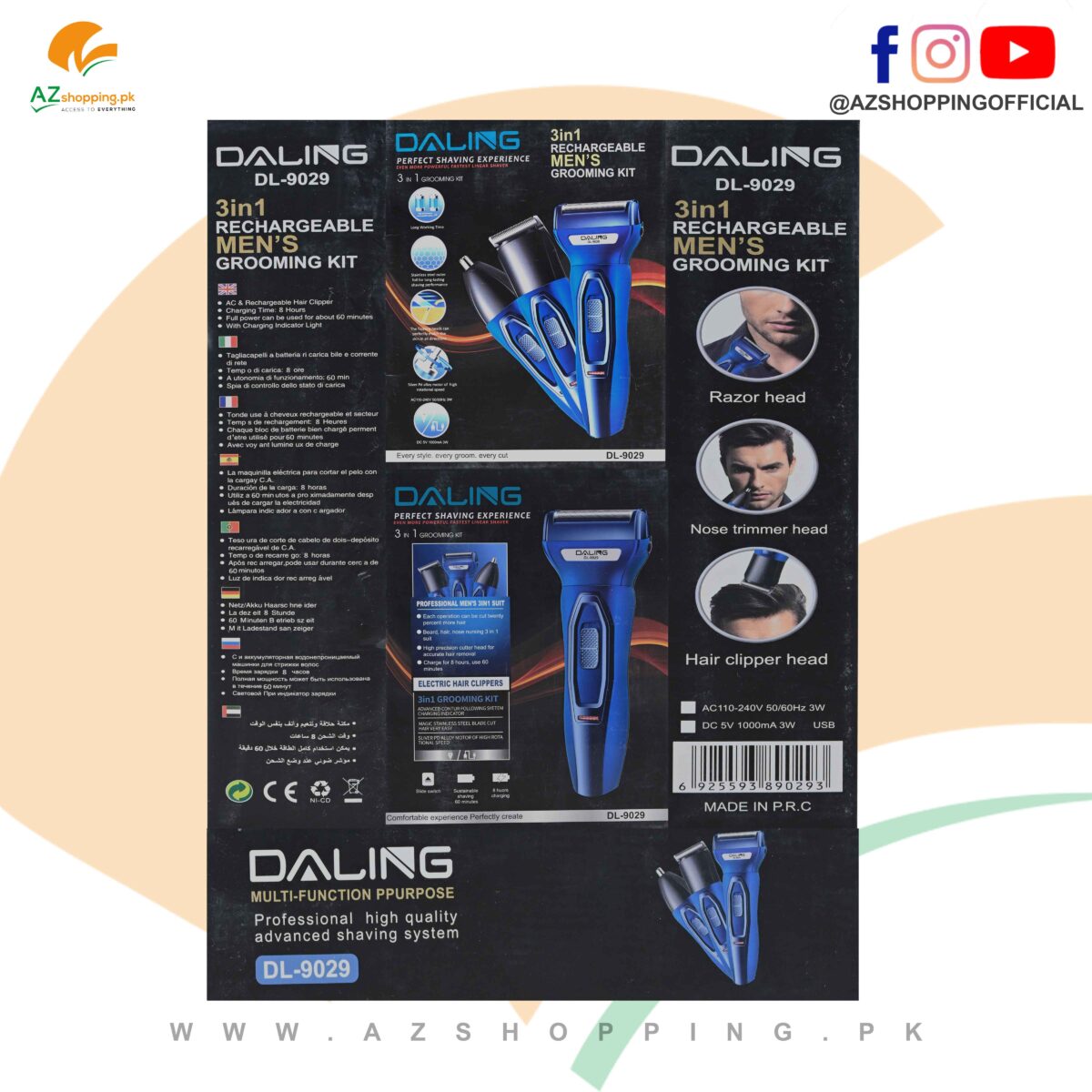 DALING 3 in 1 Rechargeable Electric Men's Grooming Kit (Shave, Nose & Hair Trimmer) – Model DL-9029