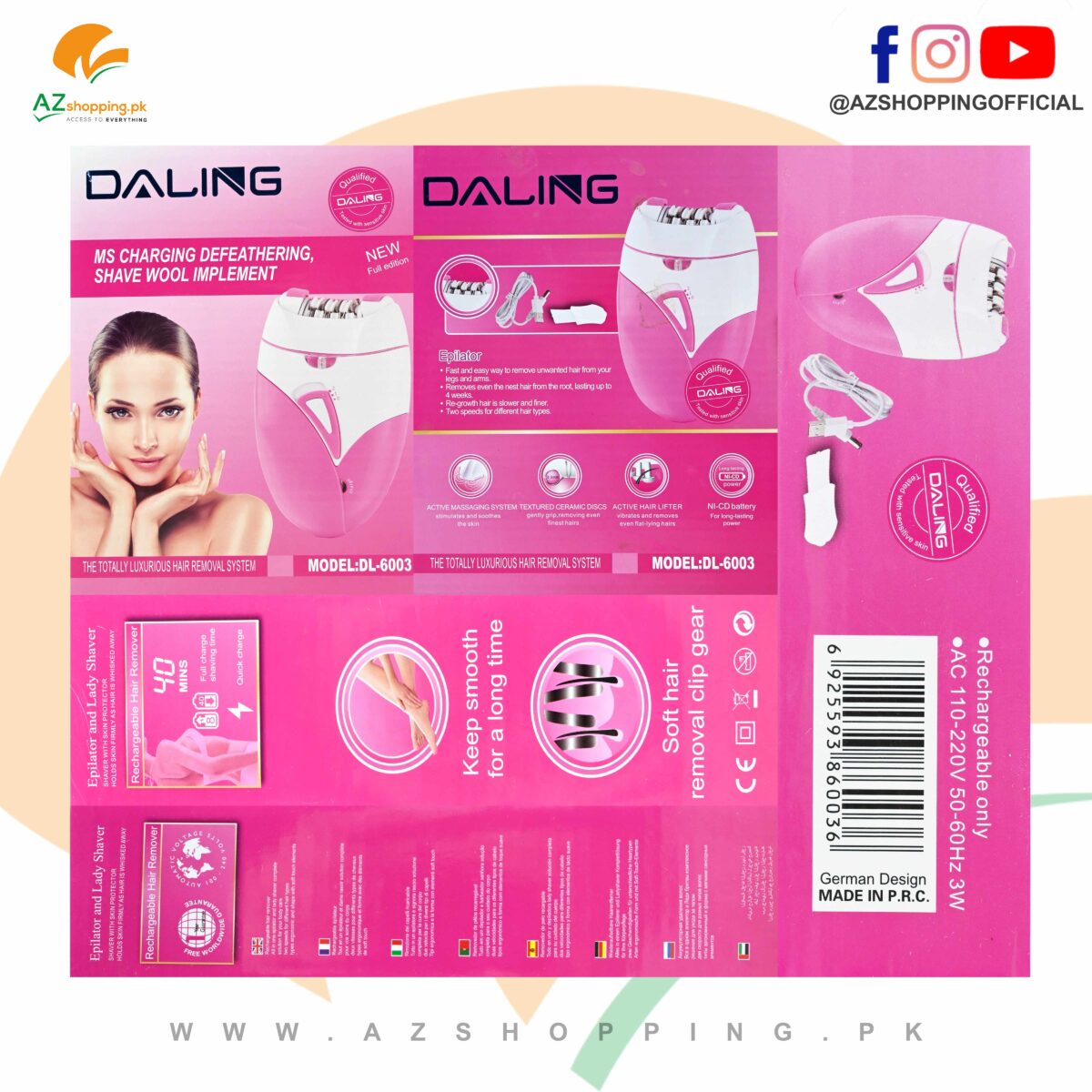 Daling – Lady Epilator Electric Painless Hair Removal Machine Rechargeable Female Shaving Trimmer Hair – Model: DL-6003
