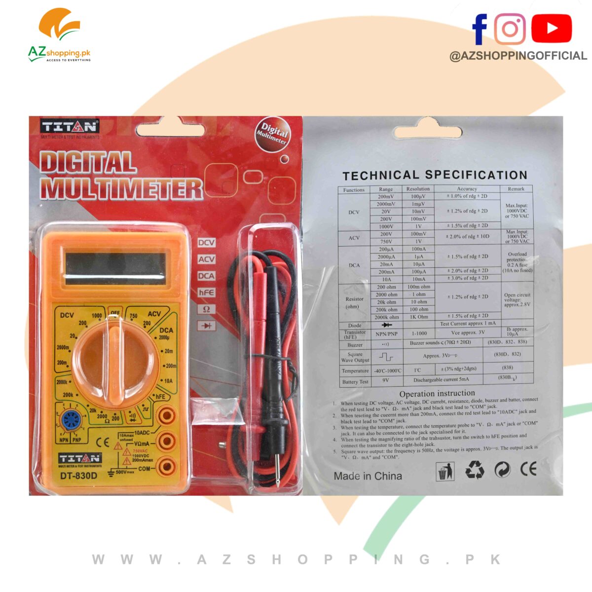 Digital Multimeter with Buzzer – Dmm Voltmeter, Voltage, Ampere, Diode, Hfe Continuity Tester, Ohm Meter Test Probe Dc / Ac - Model: DT-830D Series