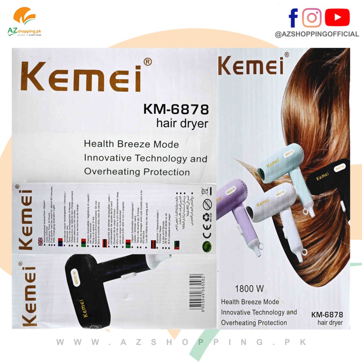 Kemei Mini Portable & Foldable Hair Dryer 1800 W – Health Breeze Mode – Model: KM-6878