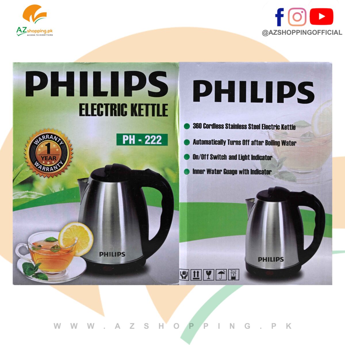 Philips 360 Cordless Stainless Steel Electric Kettle (1.8 Liter) – Model PH-222