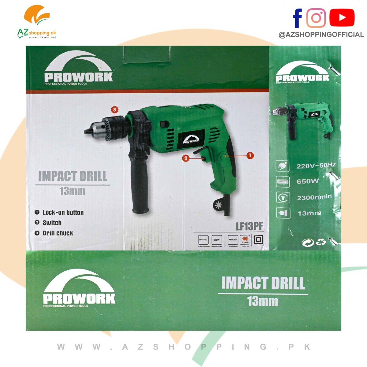 Prowork – Impact Drill Machine 13mm with Lock-on Button, Switch, Drill Chuck – Model: LF13PF