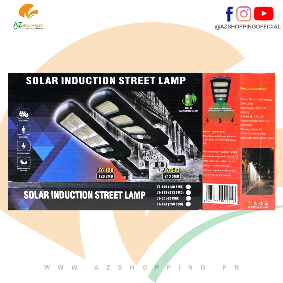 Solar Induction Street Lamp Solar Charging & Zero Electricity Charges with Built-in Rechargeable Battery – Model: JY-120 (120 SMD)