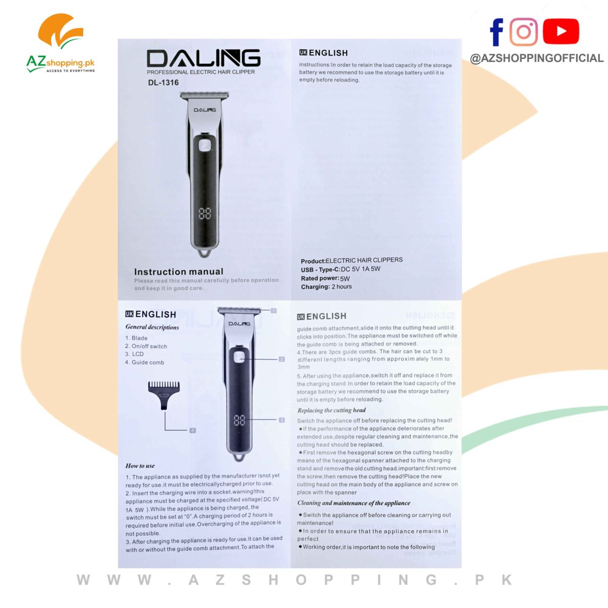 Daling Professional Electric hair Clipper, Trimer, Shaver & Shaving Machine – Model: DL-1316