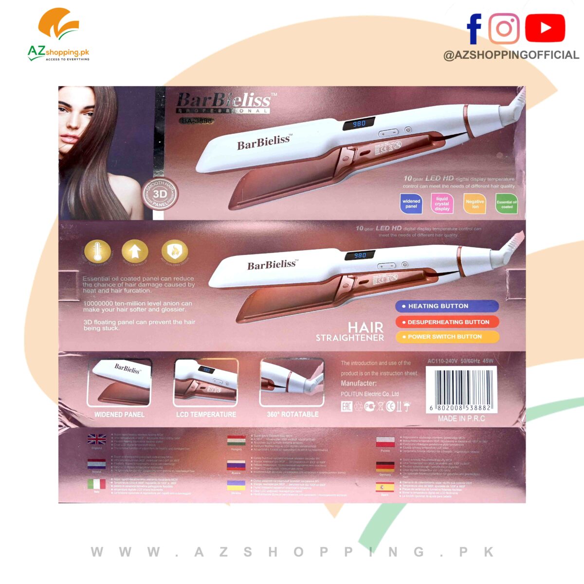 Barbeliss Professional Hair Straightener Flat Iron with Widened Panel, LCD Display Adjustable Temperature, 360 Degree Rotatable, 3D Floating Panel - Model: BA-3888
