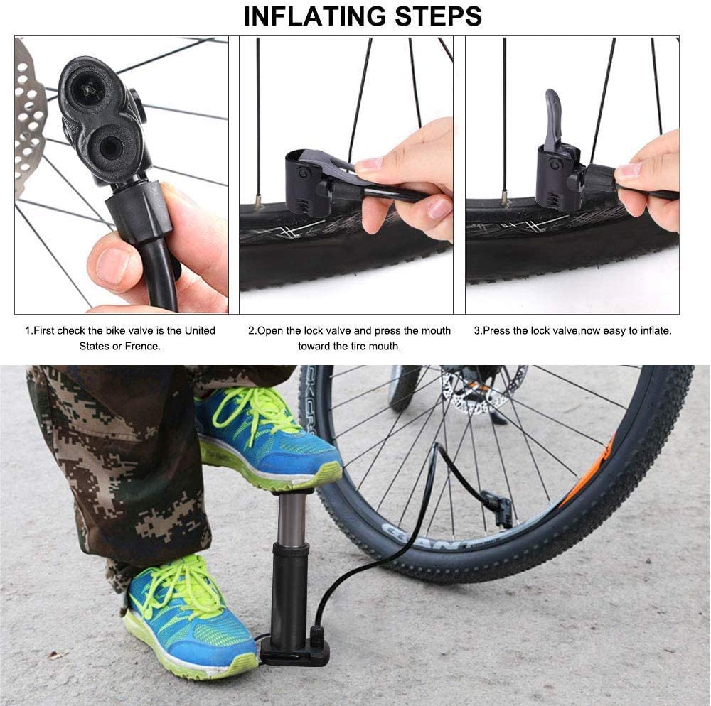 Portable Air Bike Pump Foot Activated For Basketballs, Footballs, Balls, Balloons, Swimming Rings, Inflating Boats, Bicycle & Mountain Bike With Presta Schrader Dunlop Valves Extra Valve and Dual-Use Gas Nozzle Needle & High-Pressure Up To 120PSI