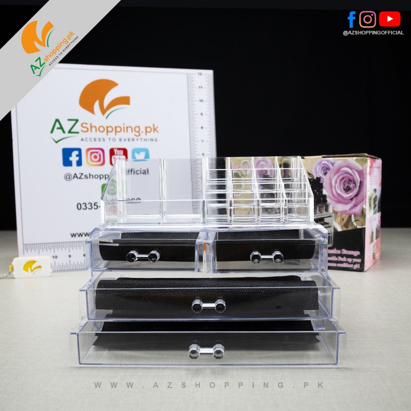 Acrylic Cosmetic & Makeup Storage Display & Organizer Box Lattice Design Rounded Corners with 4 Exquisite Drawer