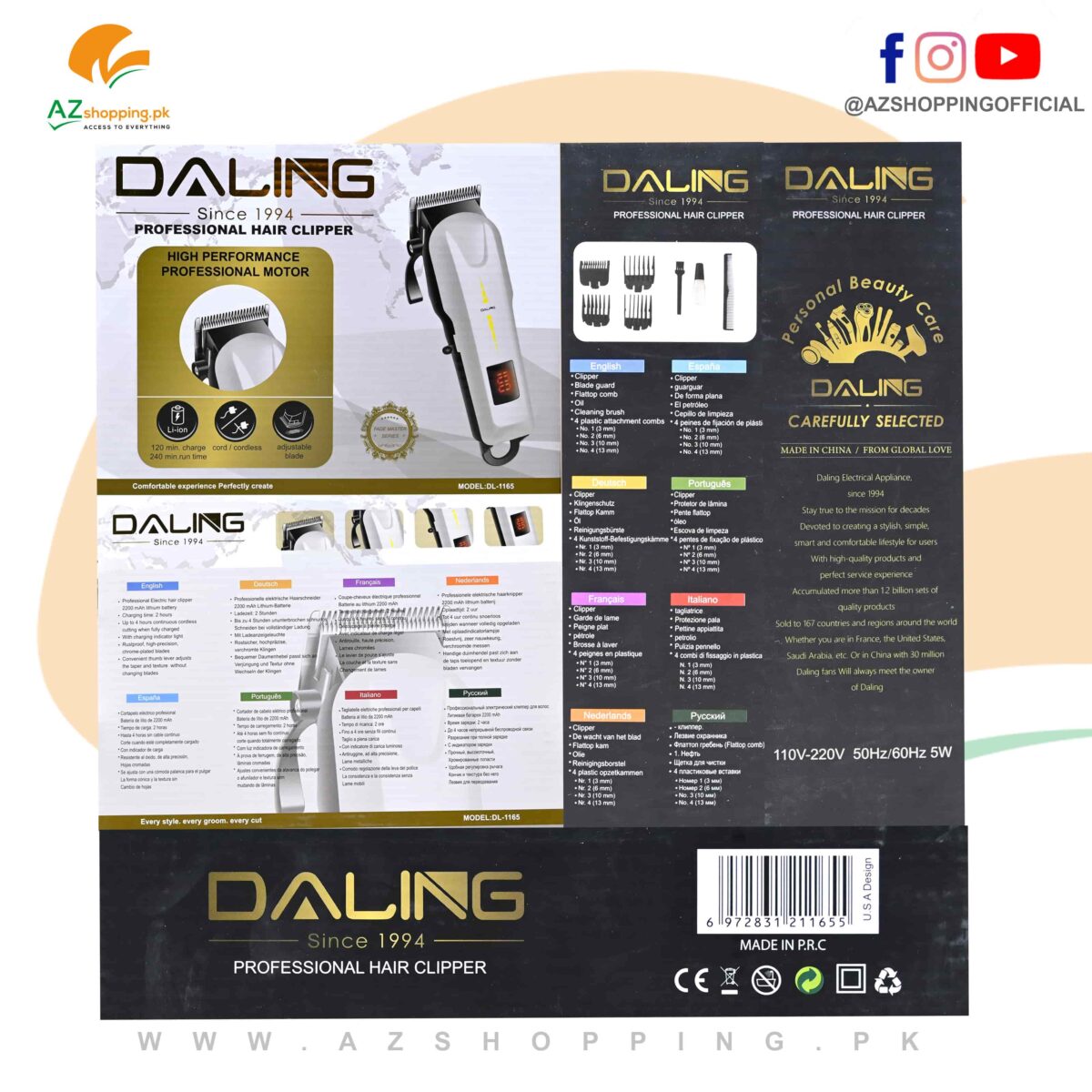 Daling – Professional Electric Hair Clipper, Trimmer, Groomer & Shaver Machine with LCD Display, Stainless Steel Blade, Adjustable Taper Control Cutting Length – Model: DL-1165