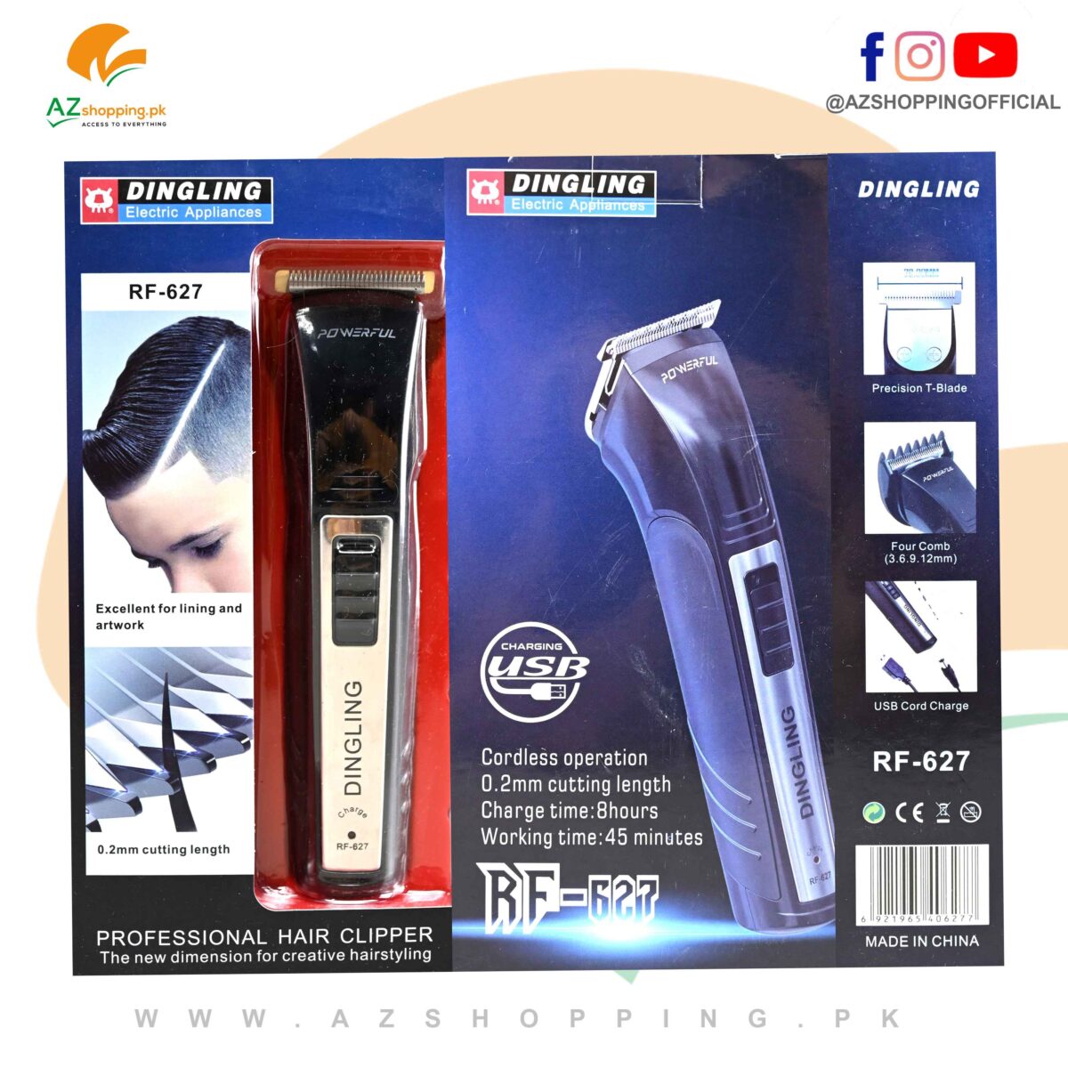Dingling – Professional Electric Hair Clipper, Trimmer, Groomer & Shaver Machine with Precision T-Blade, 0.2mm Cutting Length – Model: RF-627