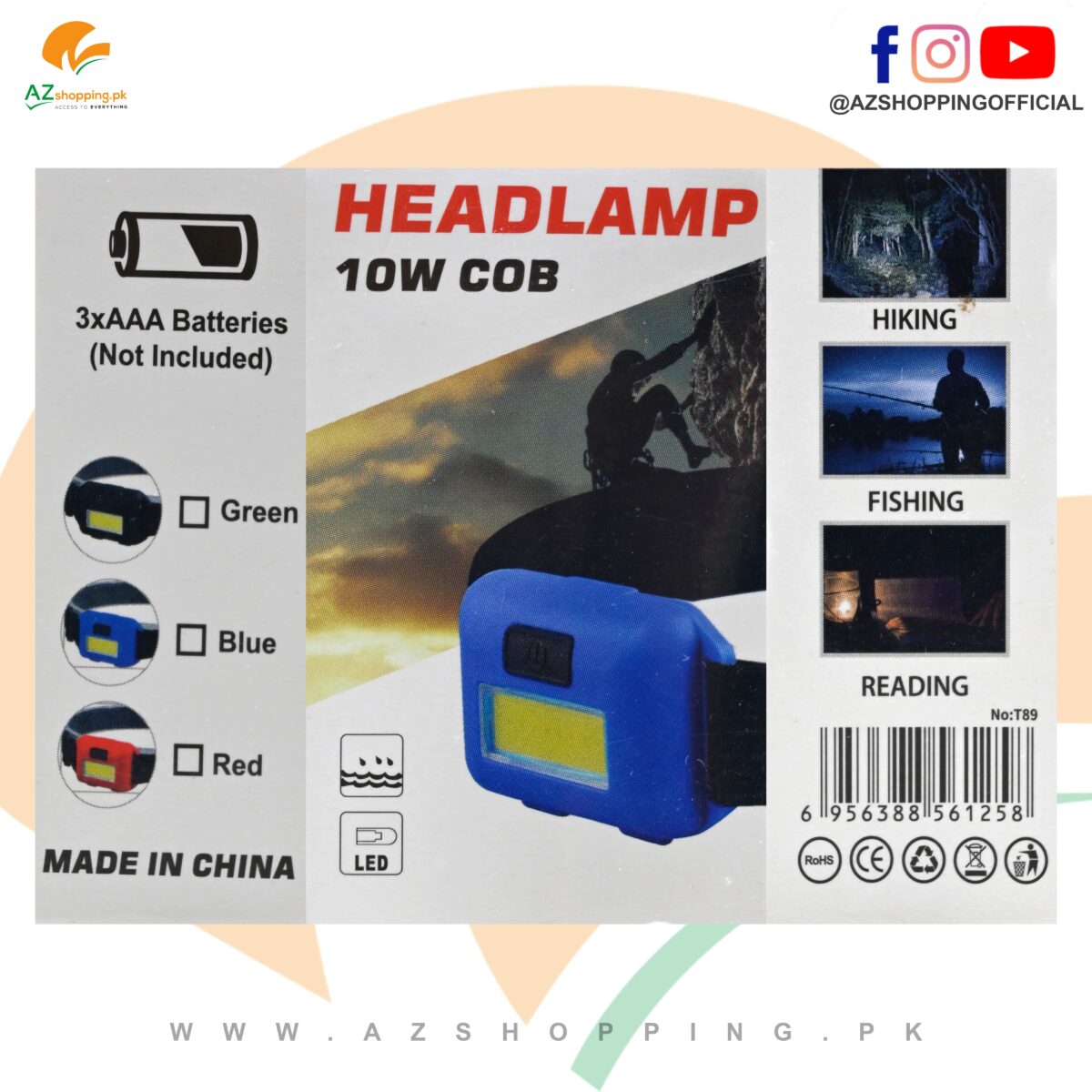 LED Head Lamp Headband Torch Light 10W COB Waterproof with 3-Modes Light (Strong, Weak, Flash) For Fishing, Hunting, Camping, Cycling, Forearm Equipment - Model: T89