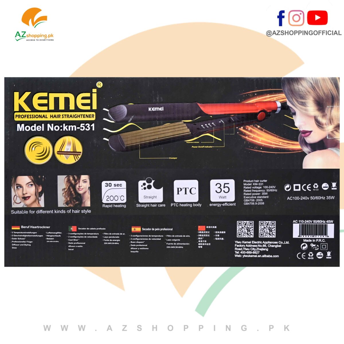 Kemei – 2 in 1 Professional Hair Straightener & Curler with Rapid Heating, PTC Heating Body, 110-240V 50/60Hz 35W – Model: KM-531