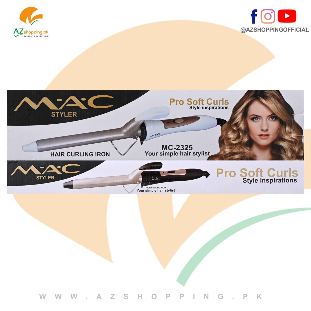 MAC – Hair Curling Curler Iron Wand Ceramic Coating PTC Heating Body, 100-240V 50/60Hz – Temperature 230℃ - Model: MC-2325
