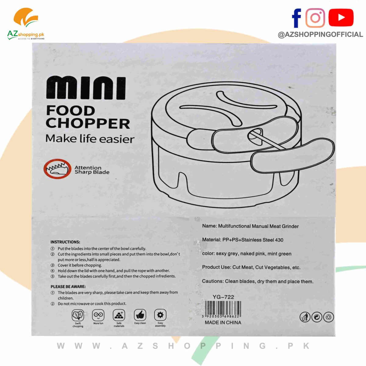 Multifunctional Manual Quick Mini Food Vegetable Meat Chopper Grinder – Model: YG-722