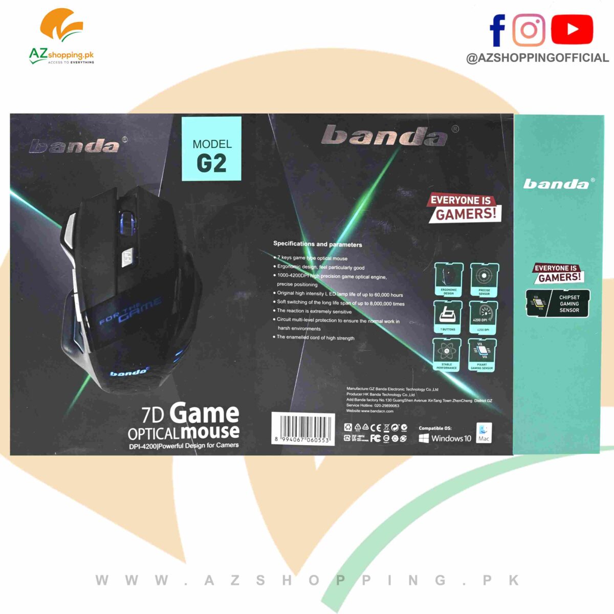 Banda – 7D Game 7 Keys Optical Mouse Multimedia Gaming Wired Mouse Pixart Gaming sensor 1000-4200 DPI with LED Colour changing Lamp - Model: G2
