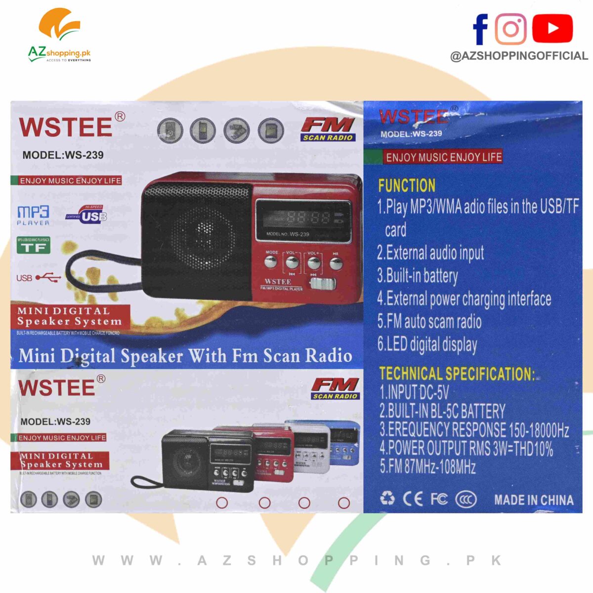 WSTEE – Portable Rechargeable Mini Digital Speaker System with FM Scan Radio, Mp3 Player, USB, TF Card, SD, MMC Playback - Model: WS-239