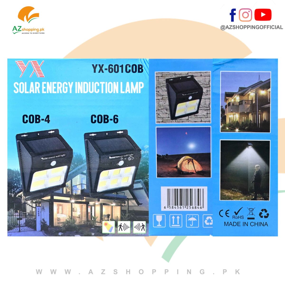 Solar Energy Induction Lamp Streep Light Wall Lamp Flashlight, Zero Electricity Charges with Built-in Solar Rechargeable Battery, with Human Induction, Intelligent Lighting Control, Waterproof – Model: YX-601COB
