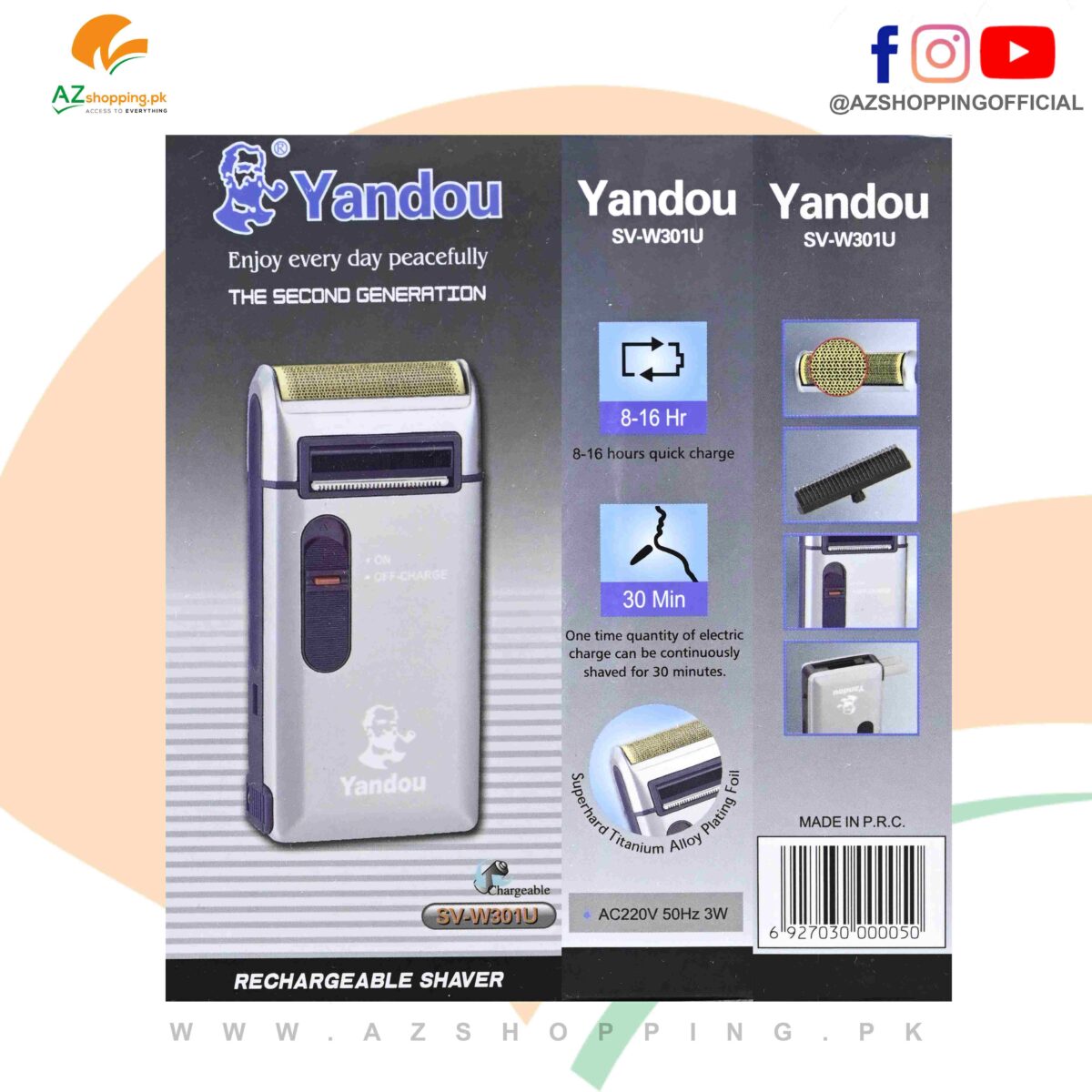 Yandou – Second Generation Portable Rechargeable Shaver with Super hard Titanium Alloy Plating Foil - Continuously 30 Min Shaved, AC220V 50Hz 3W - Model: SV-W301U