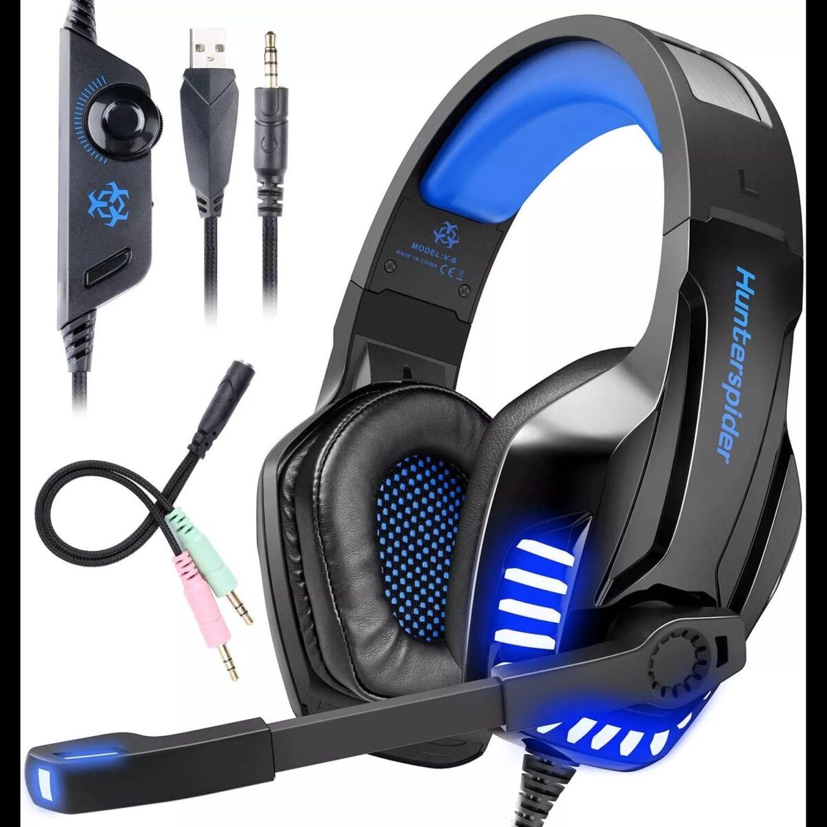 Hunterspider Pro Gaming Headset 4D Surrounded Stereo Sound 3.5mm 4Pin with Noise Canceling Mic & LED Light - Supports Mobiles, Tablets, Laptops, PS4, Xbox One – Model: V-6