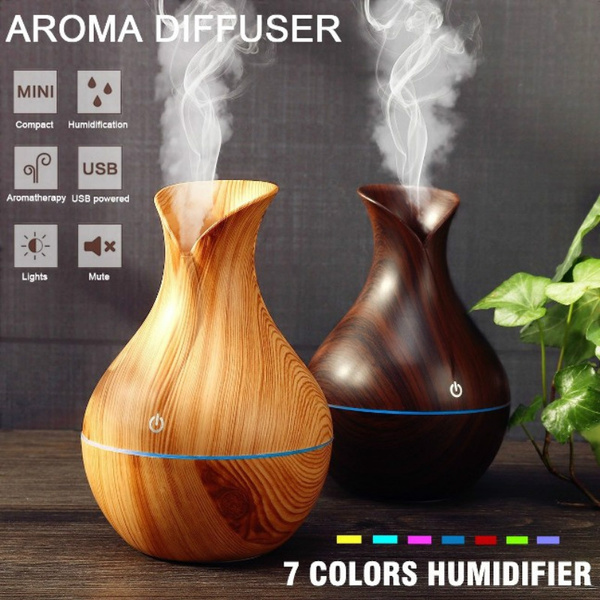 Mini USB Wood Grain Humidifier Air Purifier Humidifier Aromatherapy 300ml Aroma Essential Oil Diffuser & 7 LED Color Changing Light for Home, Office