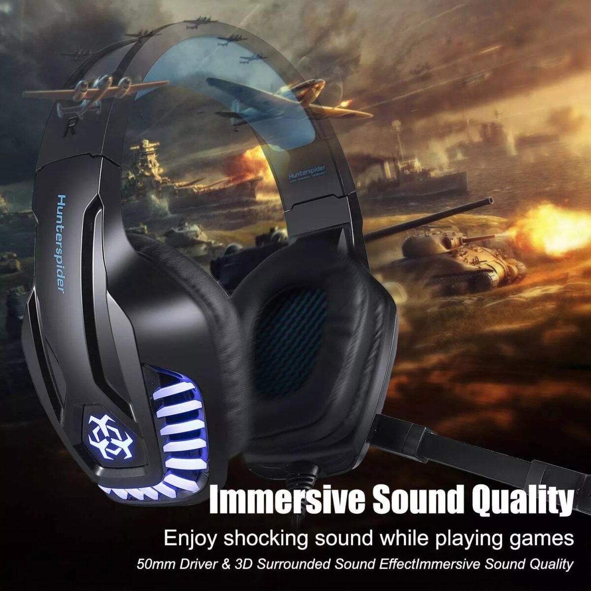 Hunterspider Pro Gaming Headset 4D Surrounded Stereo Sound 3.5mm 4Pin with Noise Canceling Mic & LED Light - Supports Mobiles, Tablets, Laptops, PS4, Xbox One – Model: V-6
