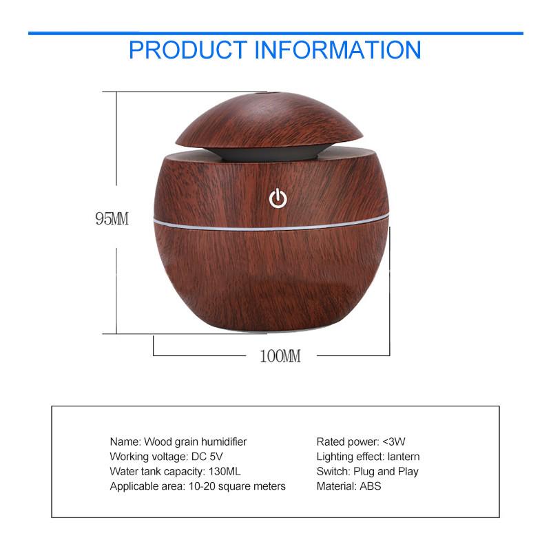 Mini USB Wood Grain Humidifier Air Purifier Humidifier Aromatherapy 130ml Aroma Essential Oil Diffuser & 7 LED Color Changing Light for Home, Office – Model: H-12