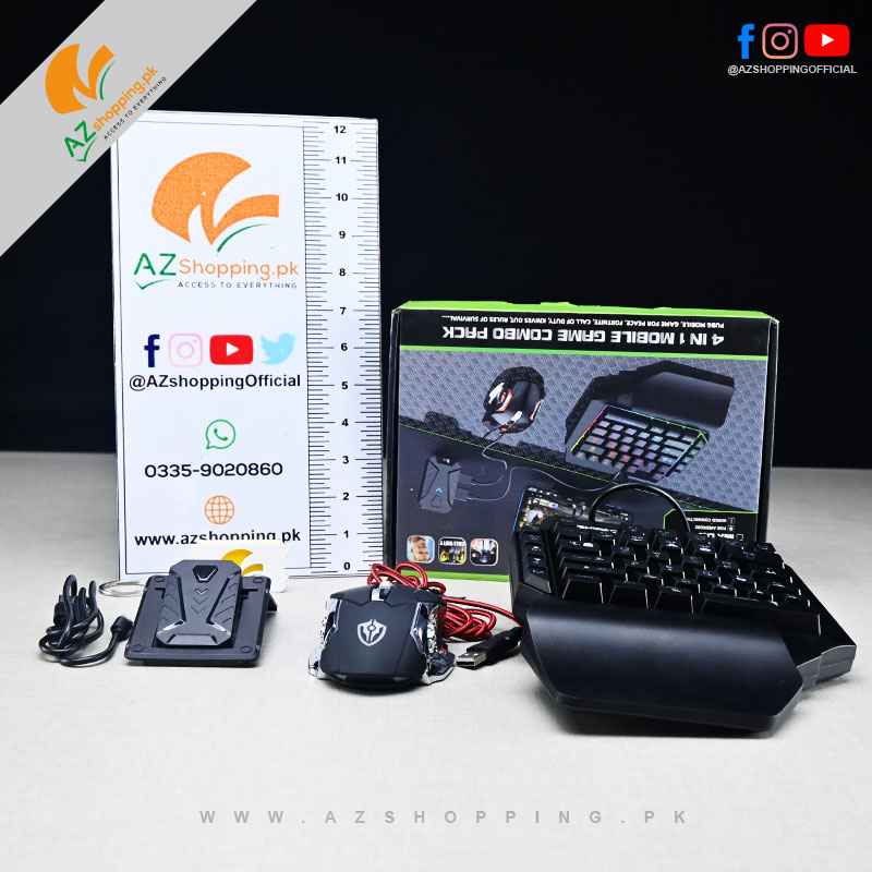 4 in 1 Mobile Game Combo Pack – Mouse & Keyboard Converter, Single-handed keyboard, Gaming Mouse, & Mobile Stand – Model: Mix Pro (For Android & IOS, Wireless Connection)