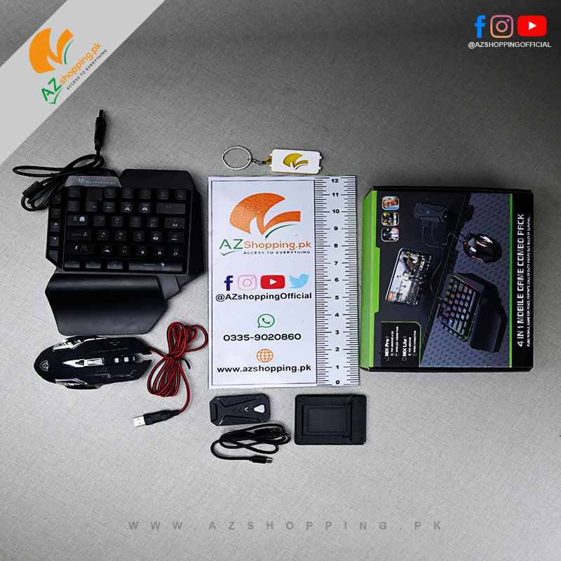 4 in 1 Mobile Game Combo Pack – Mouse & Keyboard Converter, Single-handed keyboard, Gaming Mouse, & Mobile Stand – Model: Mix Pro (For Android & IOS, Wireless Connection)