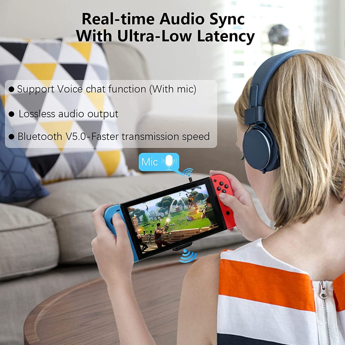 Wireless Bluetooth Adapter Mic Supports in-Game Voice Chat, Wireless Audio Transmitter with aptX Low Latency to Bluetooth Speaker/Earbuds/Headphones Compatible with Nintendo Switch/PS4/PS5/PC – Model: mimd-445