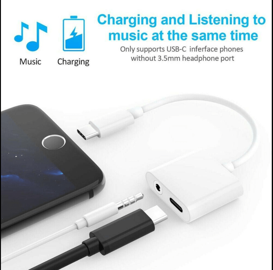 2 in 1 Type-C to USB-C (PD Charging Port) & 3.5mm Headphone Jack Charge Adapter – Charging & Listening Music at the Same Time – Compatible with Type-C Smartphones & MacBook, PC, Laptop without Headphone Jack - Model: GL054-1