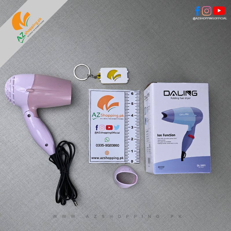 Daling – Folding Hair Dryer with Ion Function 800W Compact with 2 Temperature Settings & 1 Speed Setting (Fast Dry, Hot, Cold Wind Speed) - Model: DL-3001