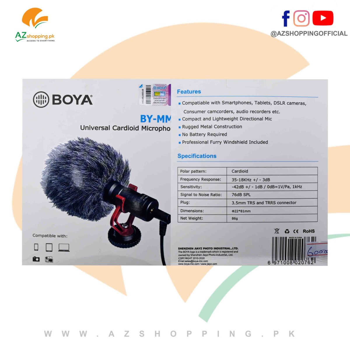 Boya – Universal Cardioid Shotgun Microphone – Compatible with Phones, Tablets, PC & Laptop, All video DSLR Cameras - Model: BY-MM1
