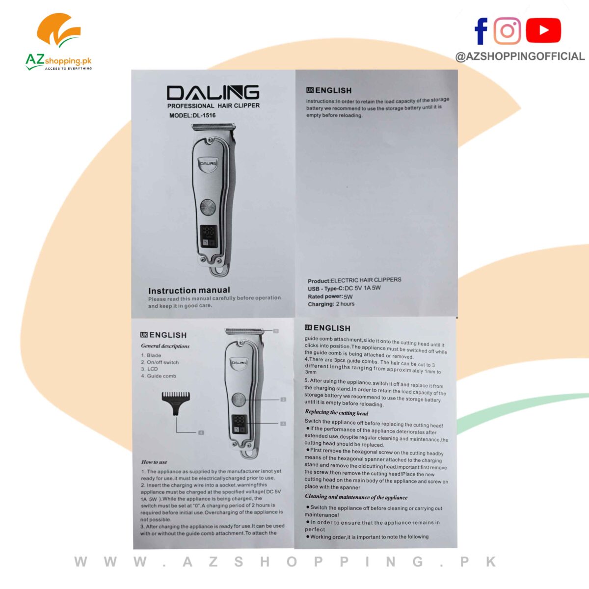 Daling - Professional Stainless Steel Electric Hair Clipper, Trimmer, Shaver & Shaving Machine with High-Performance T-Blade, LCD Display, ON/OFF Button, Intelligent induction Anti-pinch System – Model: DL-1516