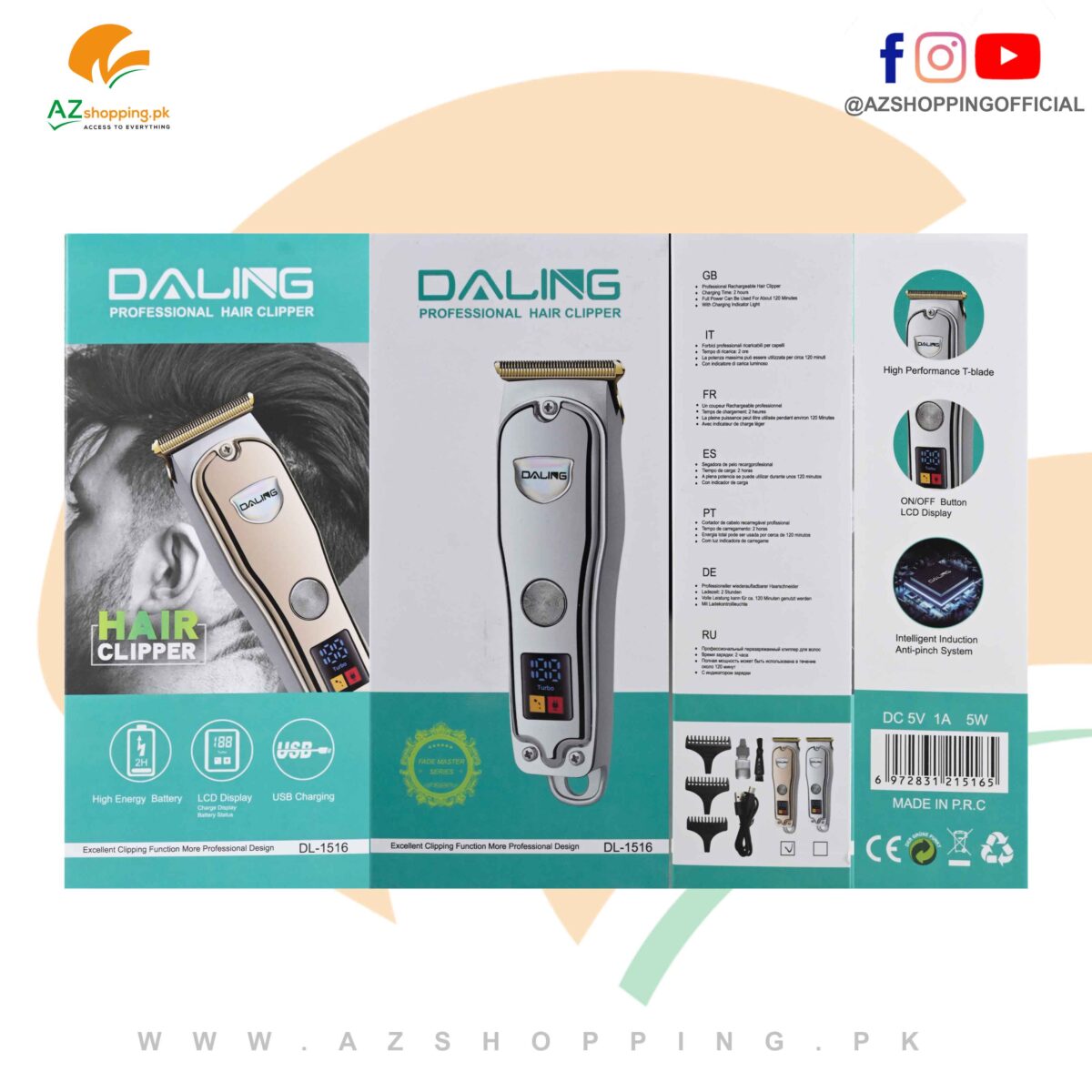 Daling - Professional Stainless Steel Electric Hair Clipper, Trimmer, Shaver & Shaving Machine with High-Performance T-Blade, LCD Display, ON/OFF Button, Intelligent induction Anti-pinch System – Model: DL-1516