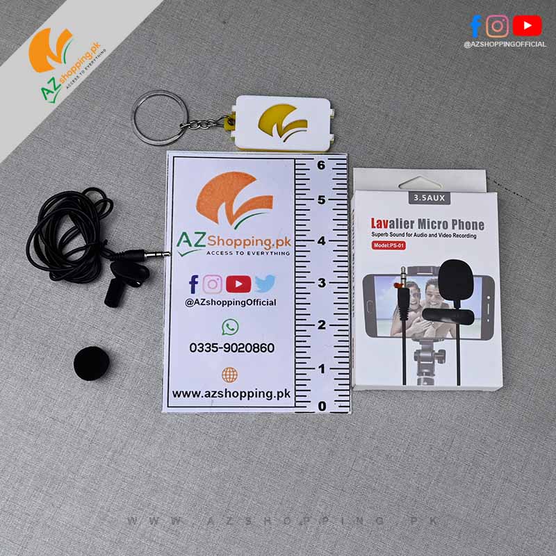 Lavalier Microphone with 3.5mm AUX with Lapel Clip & Foam windscreen – Superb Sound for Audio & Video Recording - Model: PS-01