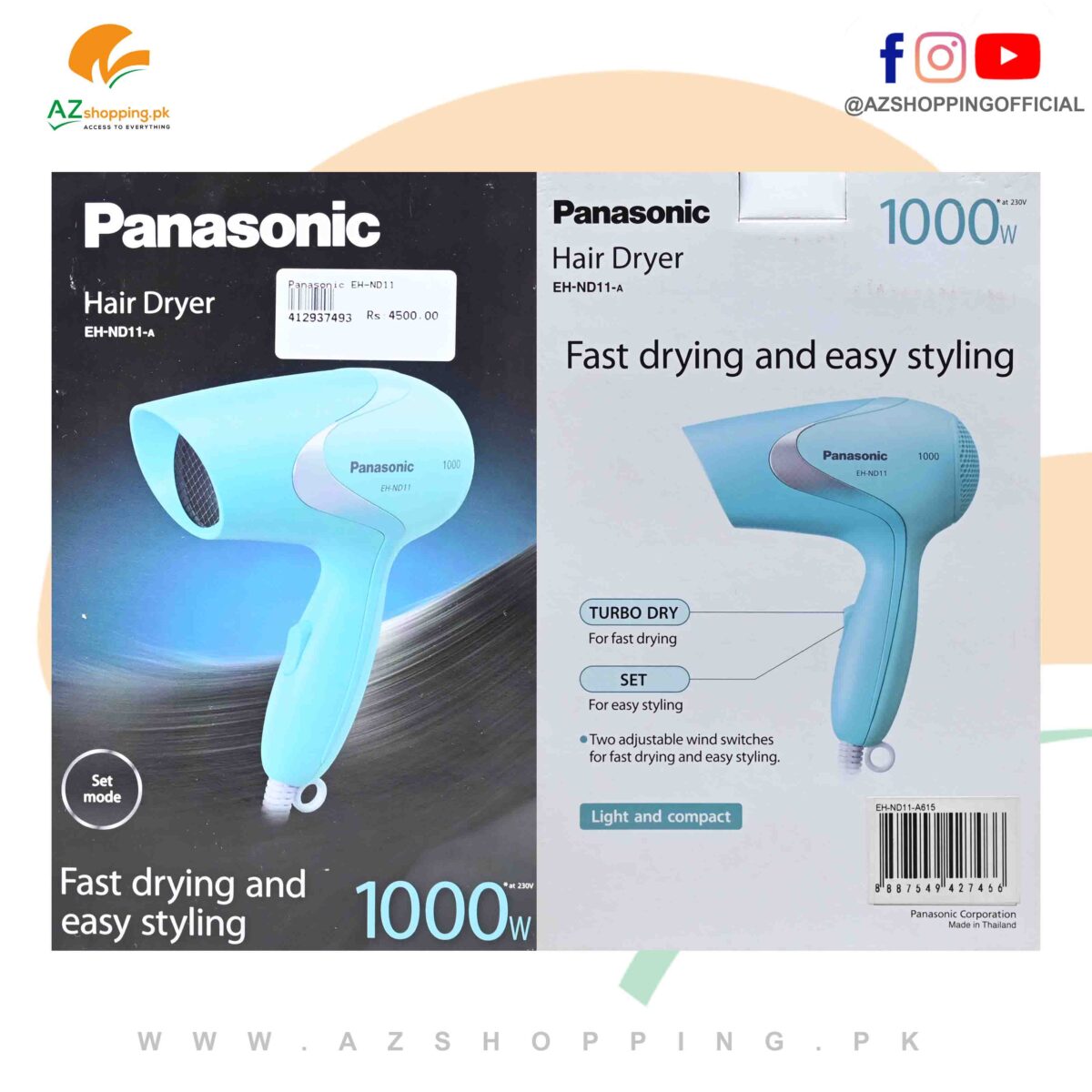 Panasonic – Hair Dryer Blower For Fast Drying and Easy Styling 1000W with 2-Heat Speed Setting (Fast Dry, Hot, Cold Wind Speed) – Model: EH-ND11-A