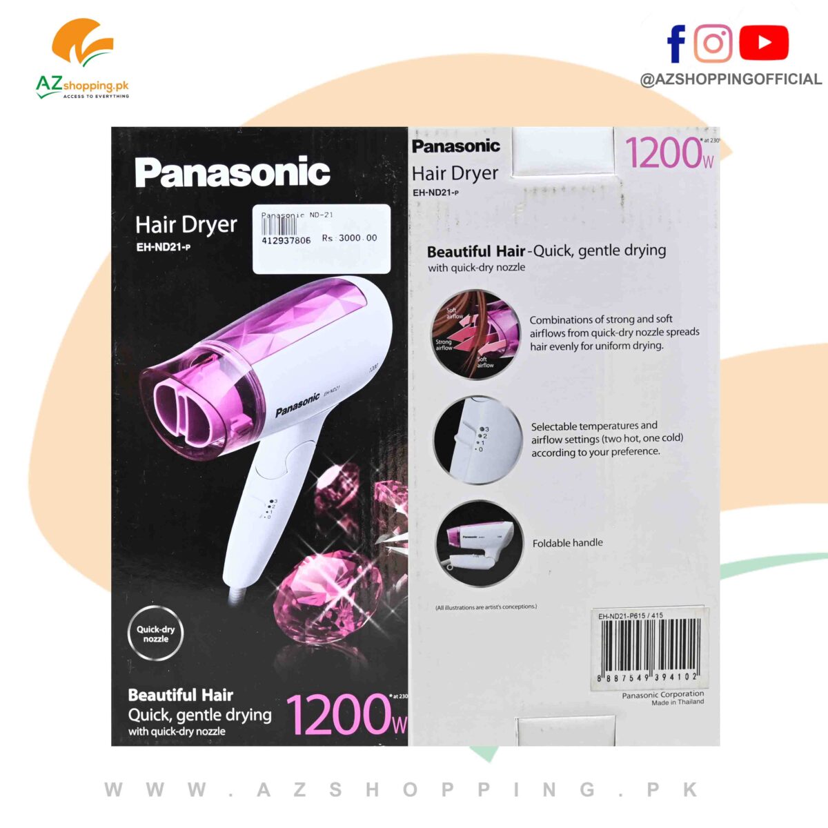 Panasonic – Foldable Hair Dryer with Quick-dry Nozzle & Three-Speed Setting (Fast Dry, Hot, Cold Wind Speed) 1200W – Model: EH-ND21-P