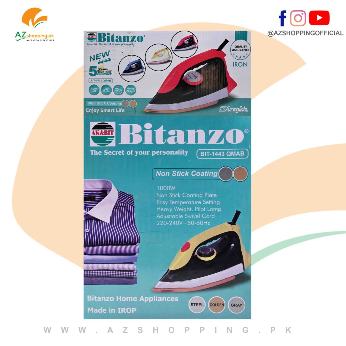 Bitanzo – Heavy Weight Press Iron 1000W & Non-Sticky Coating - Model: BIT-1443 QMAB