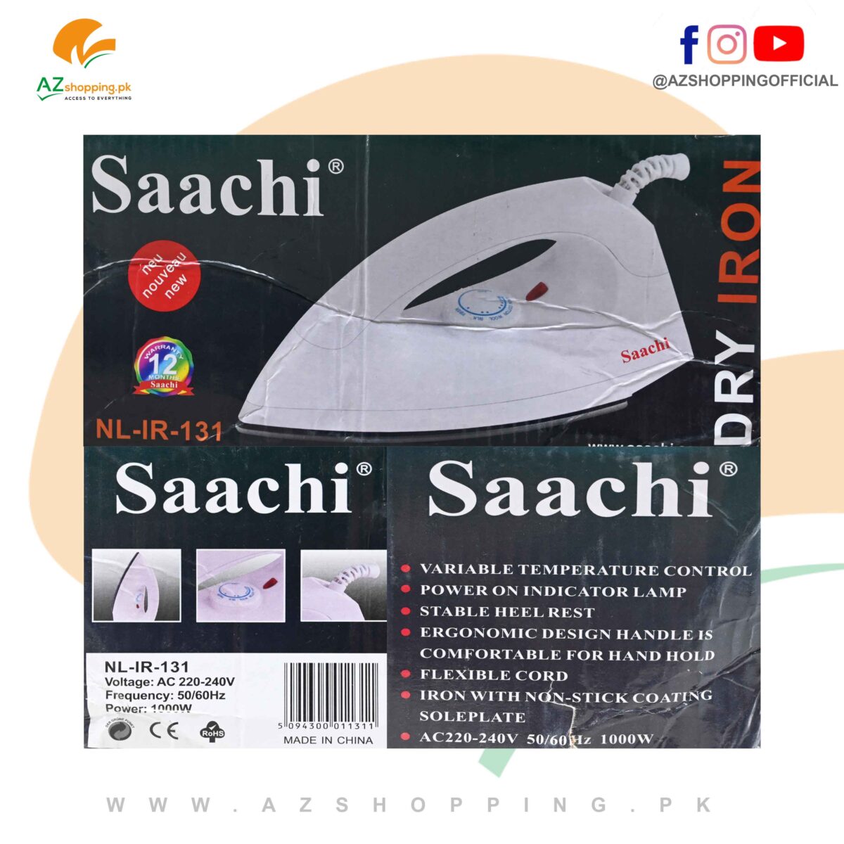 Saachi – Dry Iron with Non-Stick Coating Plate & 1000W Power – Model: NL-IR-131