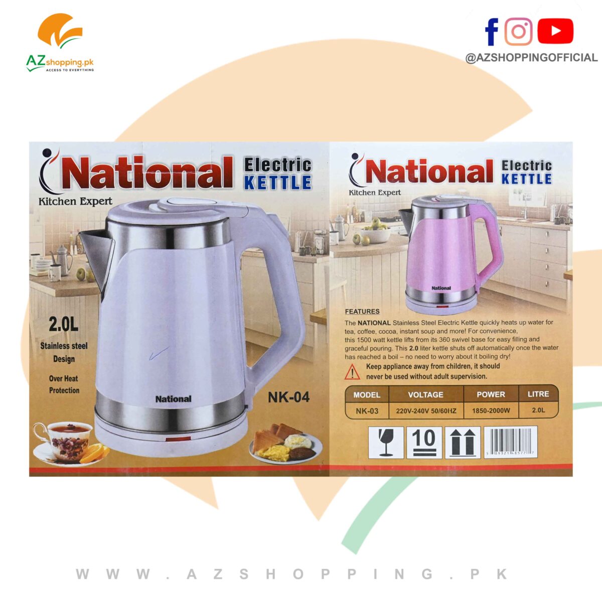 National – Electric Kettle Stainless Steel With 2000W Power & 2 Liter Capacity for Tea, Coffee, Water – Model: NK-04