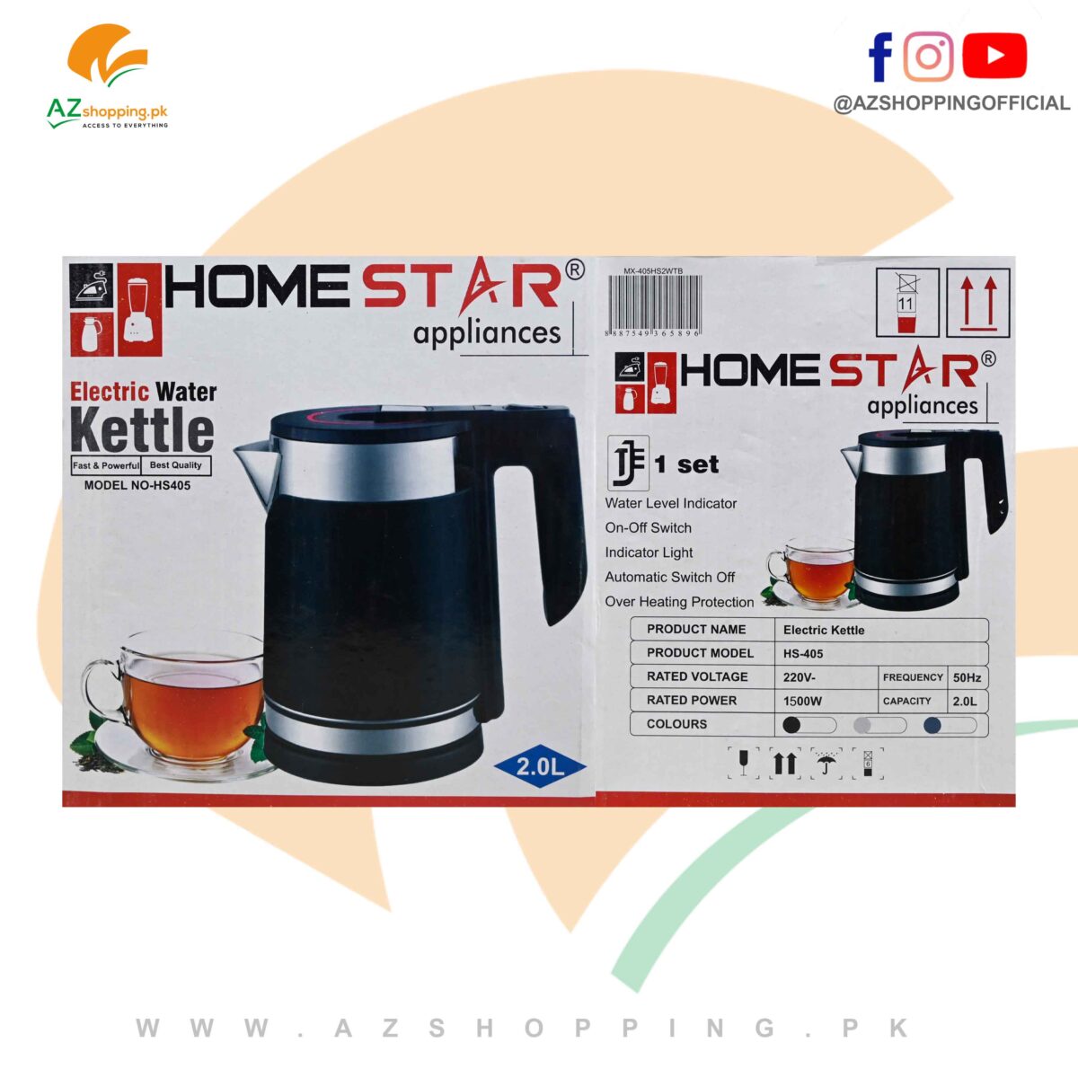 Homestar – Electric Kettle Stainless Steel with 1500W & 2L Capacity for Tea, Coffee, Water – Model: HS405
