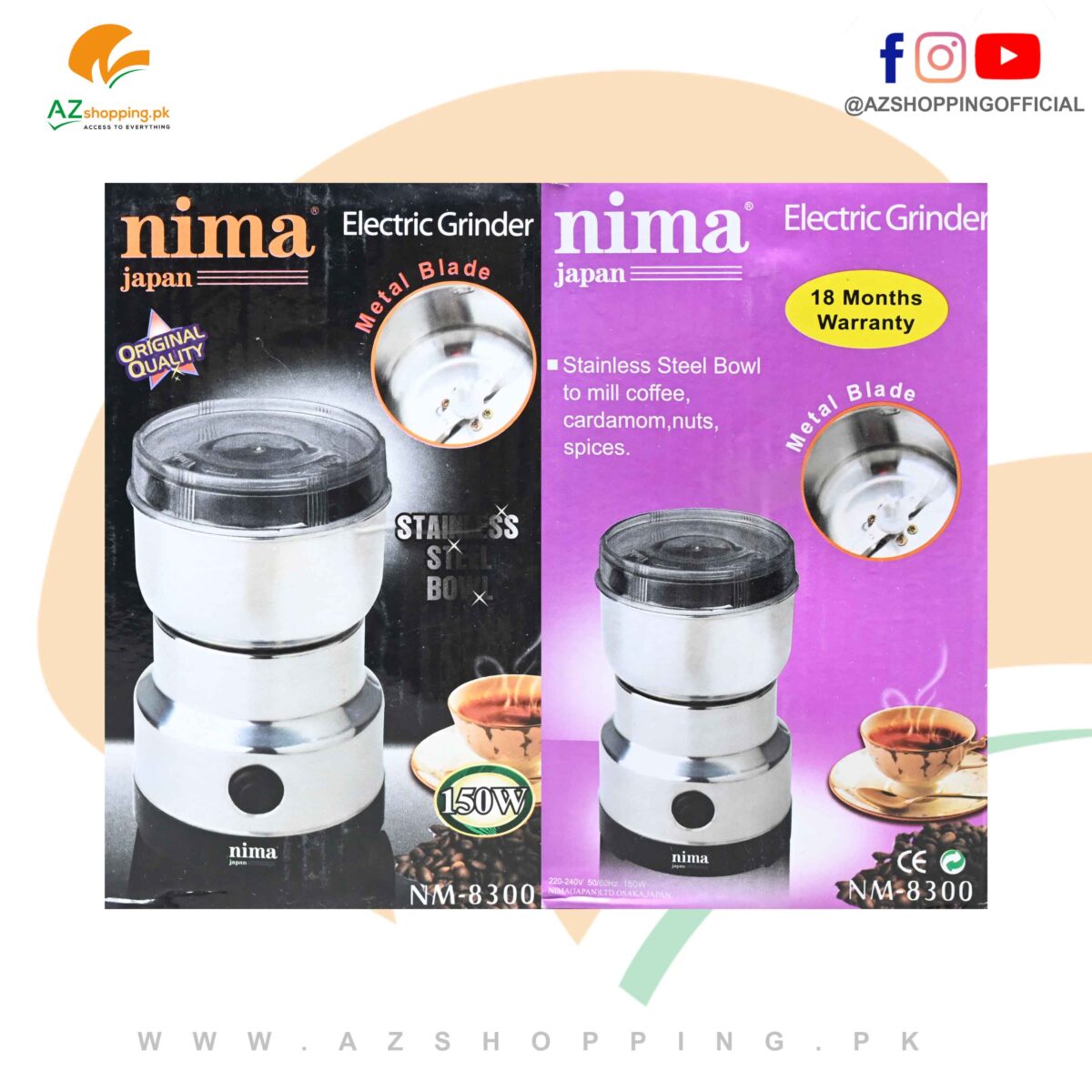 Nima – Electric Grinder Stainless Steel Bowl with Metal Blade Bean-Nuts & Spices Grinder 150W – Model: NM-8300