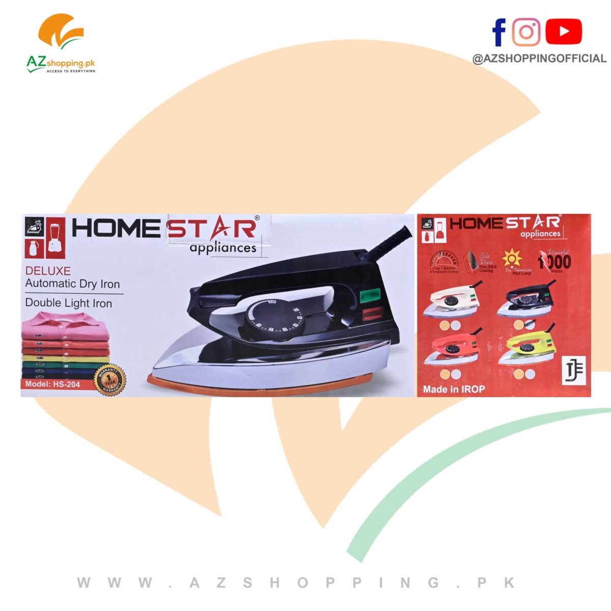 Homestar – Deluxe Automatic Dry Iron with Non-Stick Coating Soleplate & 1000W Power – Model: HS:204