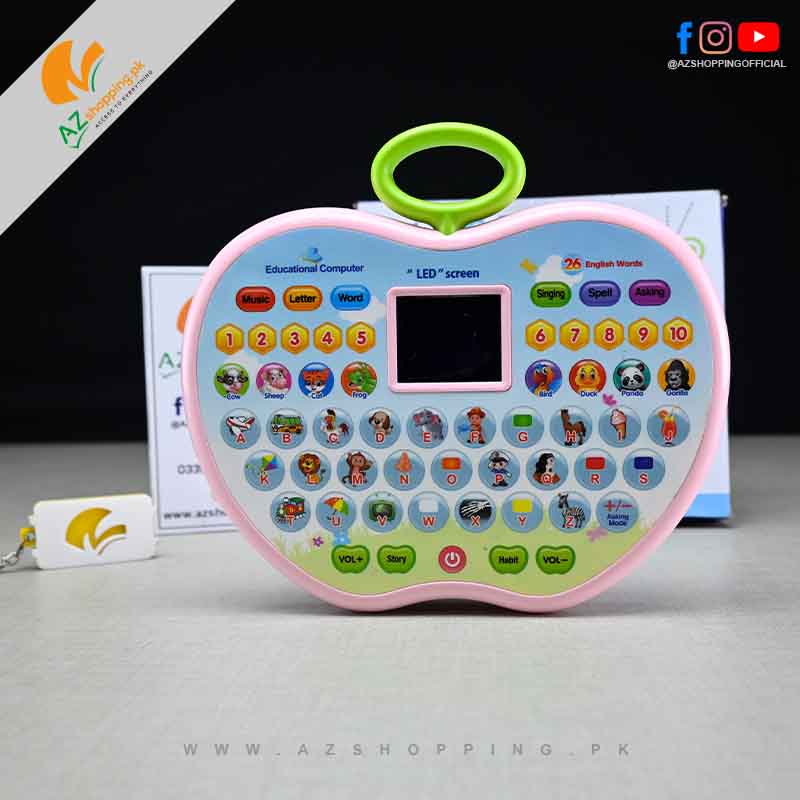 Early Educational Computer Toy Apple Shape Learning Pad with LED Screen Display Kids Learning ABCD, 123 & Words – Model: NO.2018