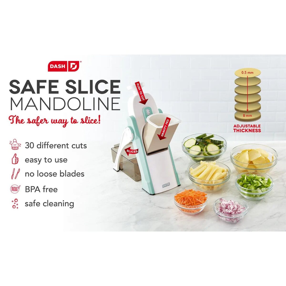 Safe Slice Mandoline with 30 Different Push to Cuts & Built-in Blades – Slice, Dice & Julienne at any Thickness – Adjustable thickness 0.5mm to 8mm