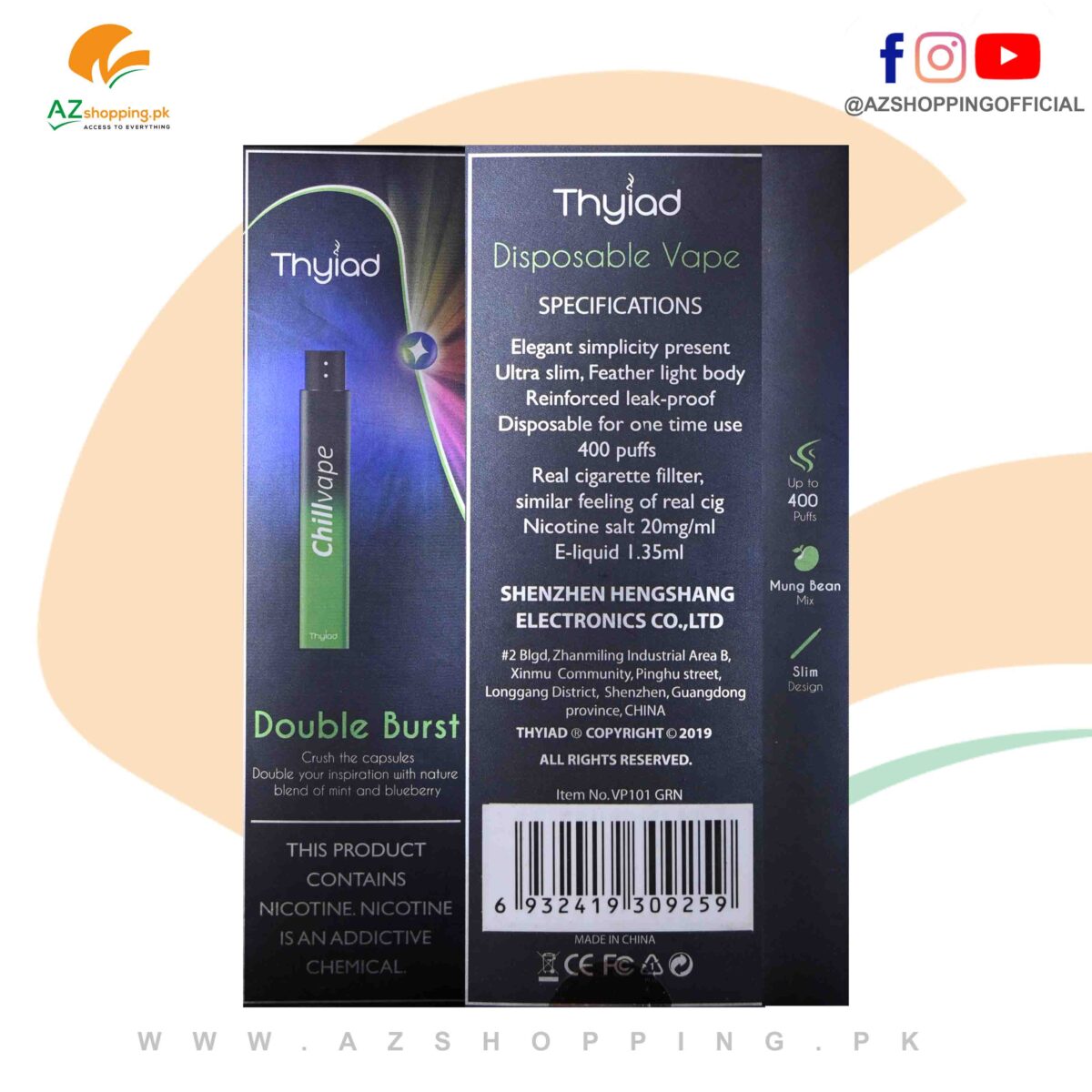 Thyiad – Disposable Ultra Slim Vape with 400 Puffs, Real Cigarette Filter, Nicotine Salt 50mg/ml E-liquid 1.35ml – Mung Bean Mix Flavor – Item No. VP101 Green