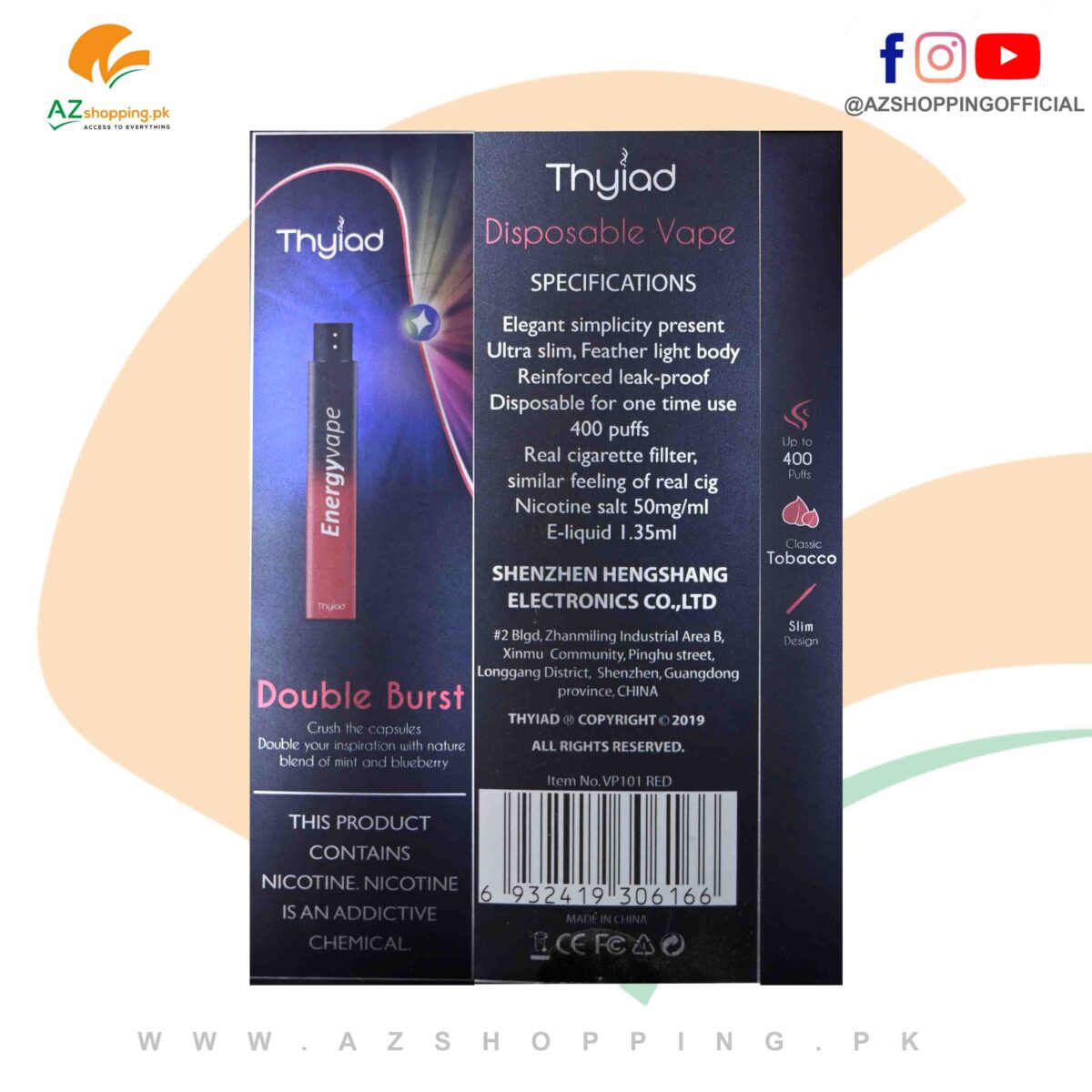 Thyiad – Disposable Ultra Slim Vape with 400 Puffs, Real Cigarette Filter, Nicotine Salt 50mg/ml E-liquid 1.35ml – Classic Tobacco Flavor – Item No. VP101 RED