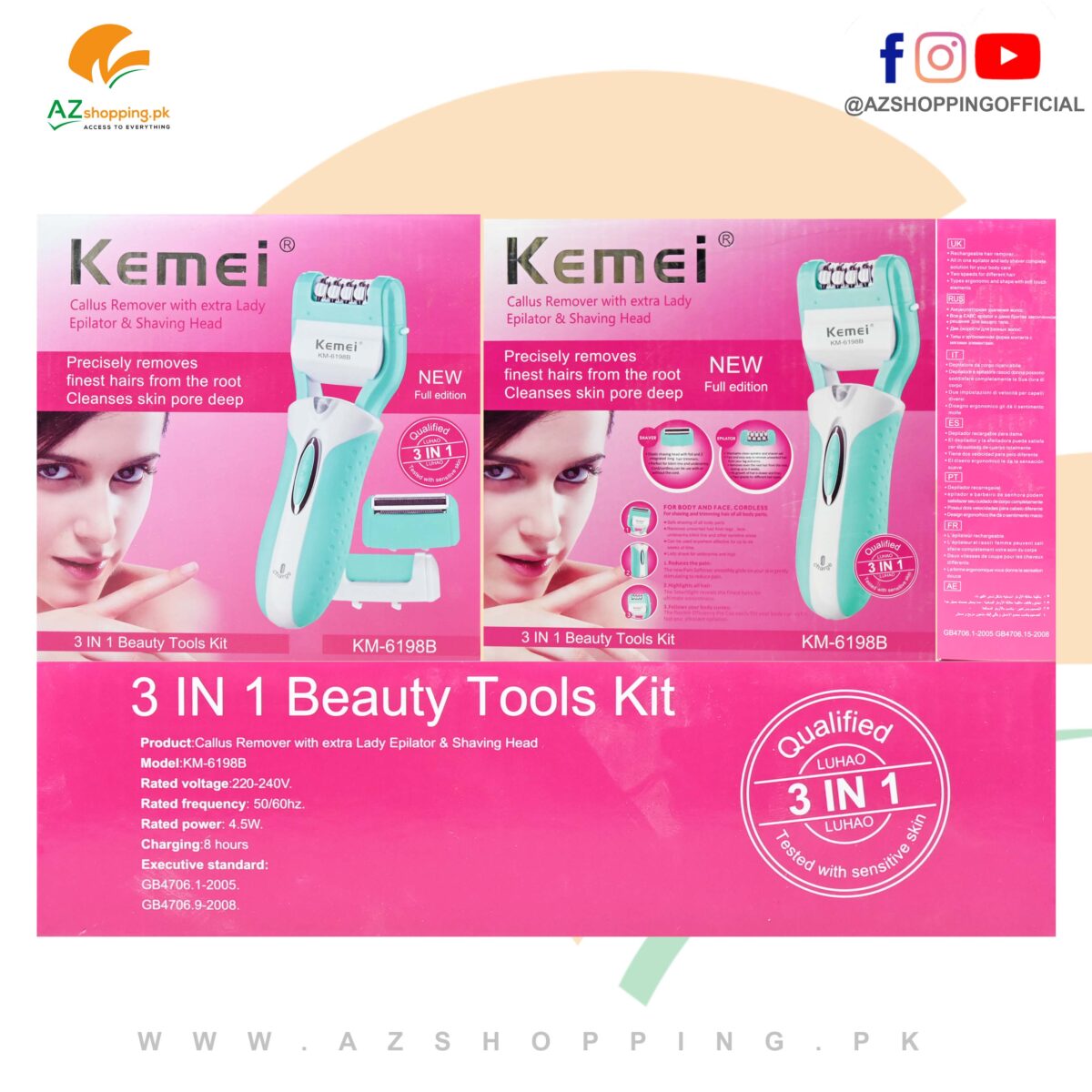 Kemei – 3 in 1 Beauty Tool Kit – Electric Shaver, Epilator, Dead Skin Foot Callus Remover with LED Light - Model: KM-6198B