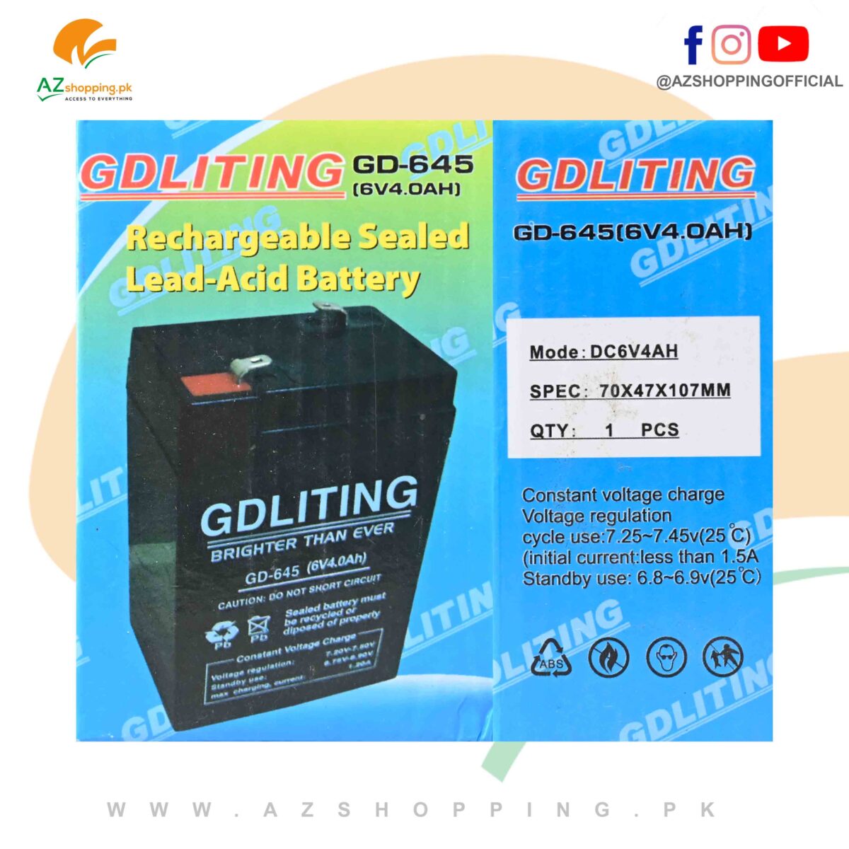 GDLITING – Rechargeable Sealed Lead-Acid Battery - Model: GD-645 (6V4.OAH)