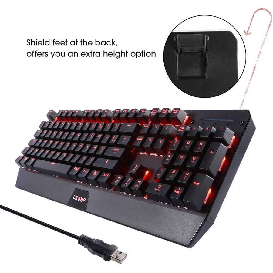 Leshp – LED Backlit RGB Mechanical Gaming Keyboard Full Size Qwerty 105 Keys & Programmed RGB Effects – Black