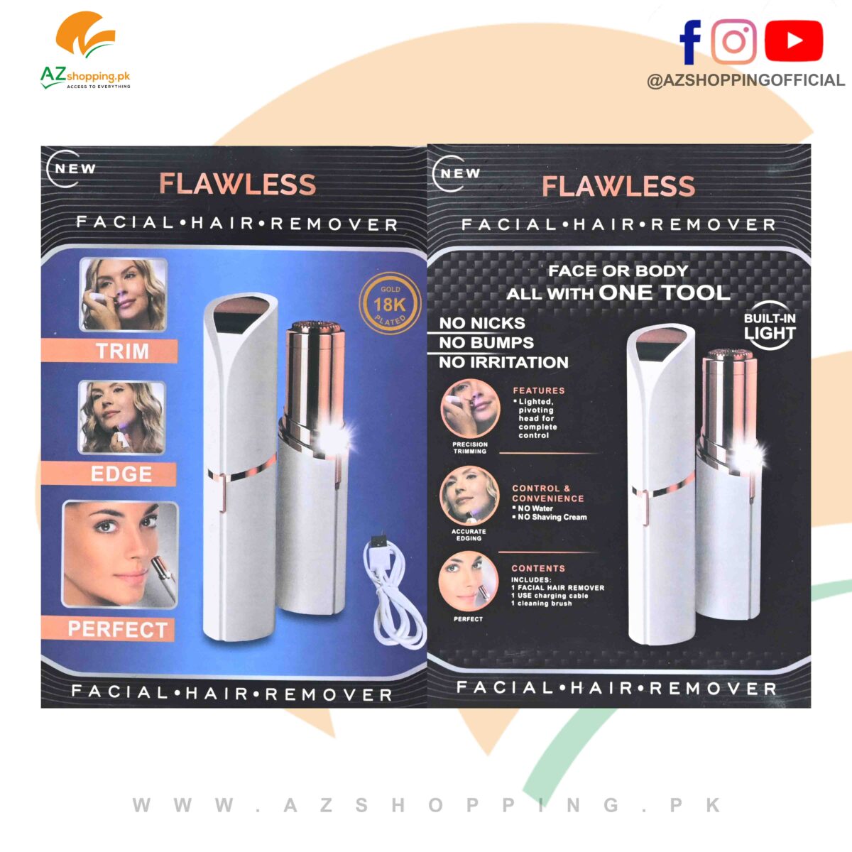 Flawless Electric Painless Facial Hair Remover Portable & Rechargeable with Built-in Light – For All Skin Types